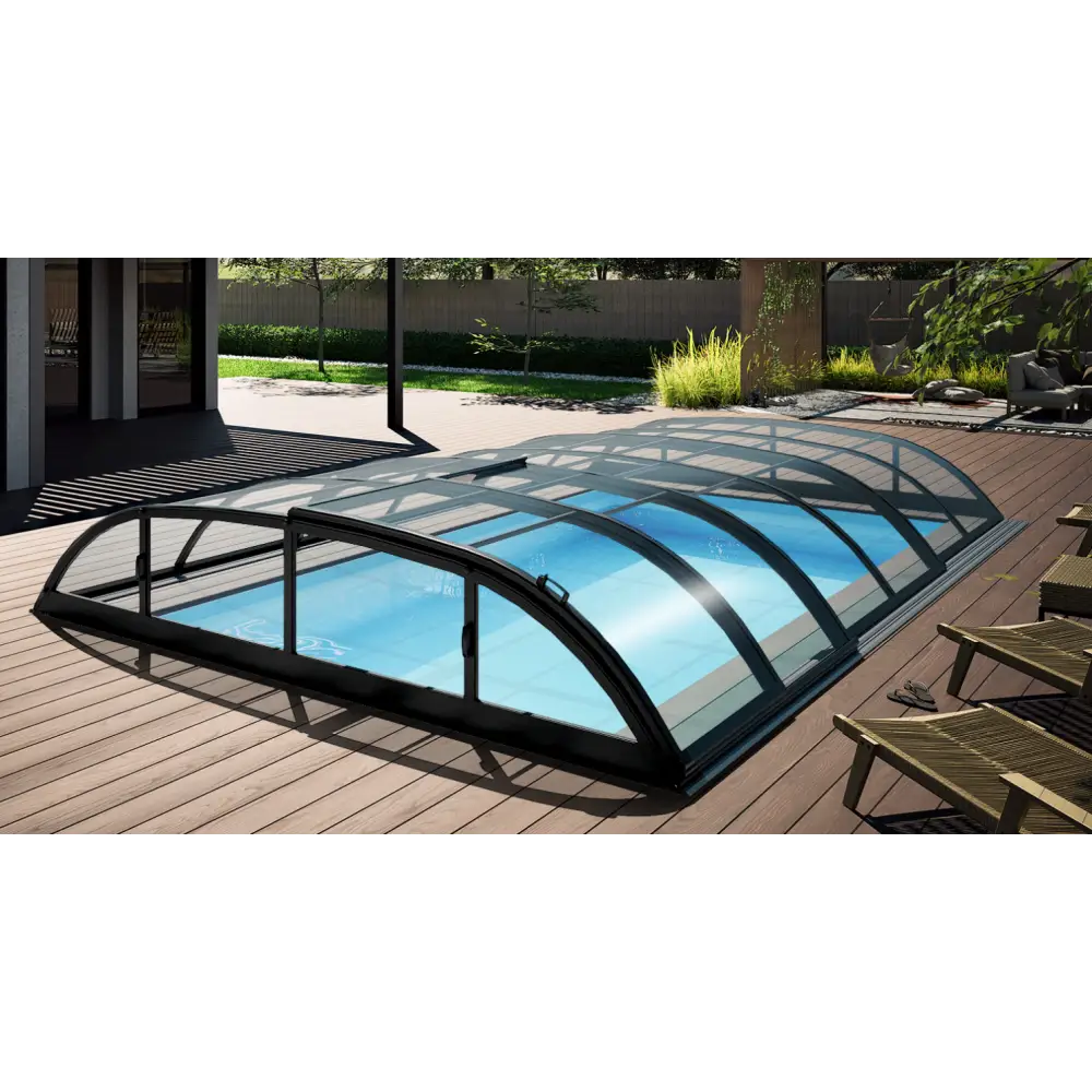 Pooltak Dallas 3×6 med svarta ramar och kurvad glasdesign